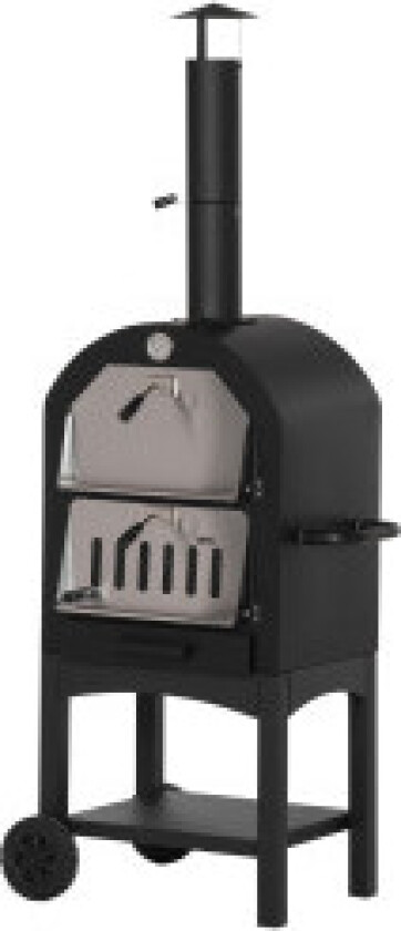 Pizzaovn Utendørs 2-I-1 Med Hjul, Grillovn, Beskyttelsesdeksel, Pizzaspade, 2 Grillnett, 3-Lags Vedovn, 63X54X161Cm
