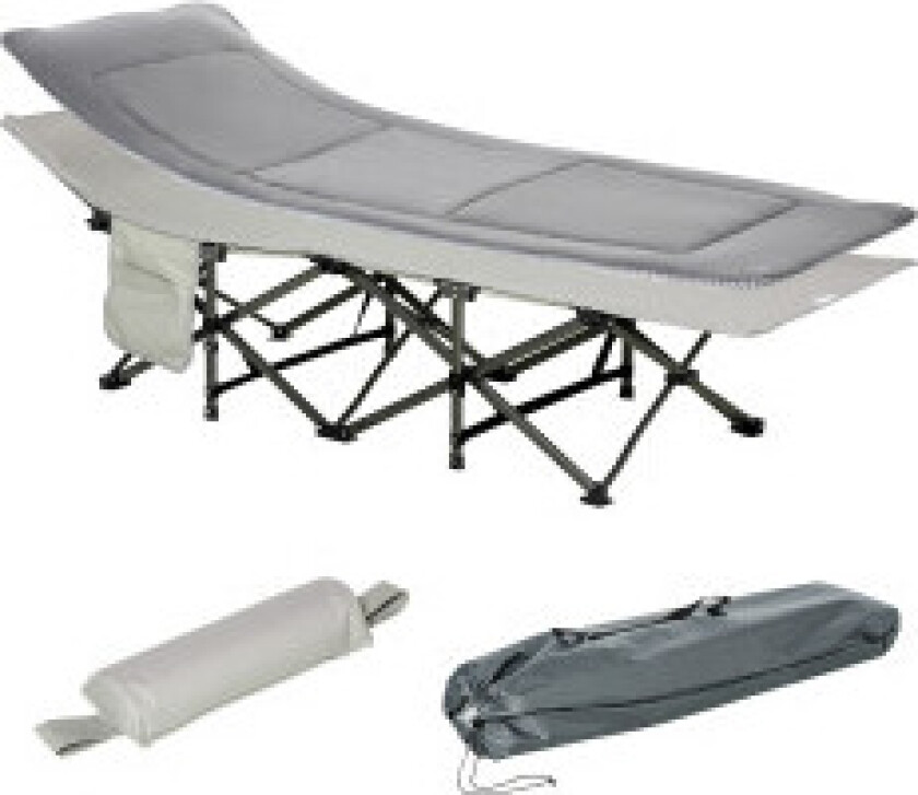 Bilde av Campingseng, Feltseng, Sammenleggbar Seng Med Pute, Sidelomme, Madrass, Lys Grå, Opptil 150 Kg