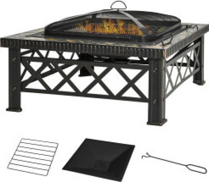 3-I-1 Ildskål Bålkurv Bålpanne Med Gnistbeskyttergrill Rist Isbøtte Hagegrill Svart 76 X 76 X 47 Cm