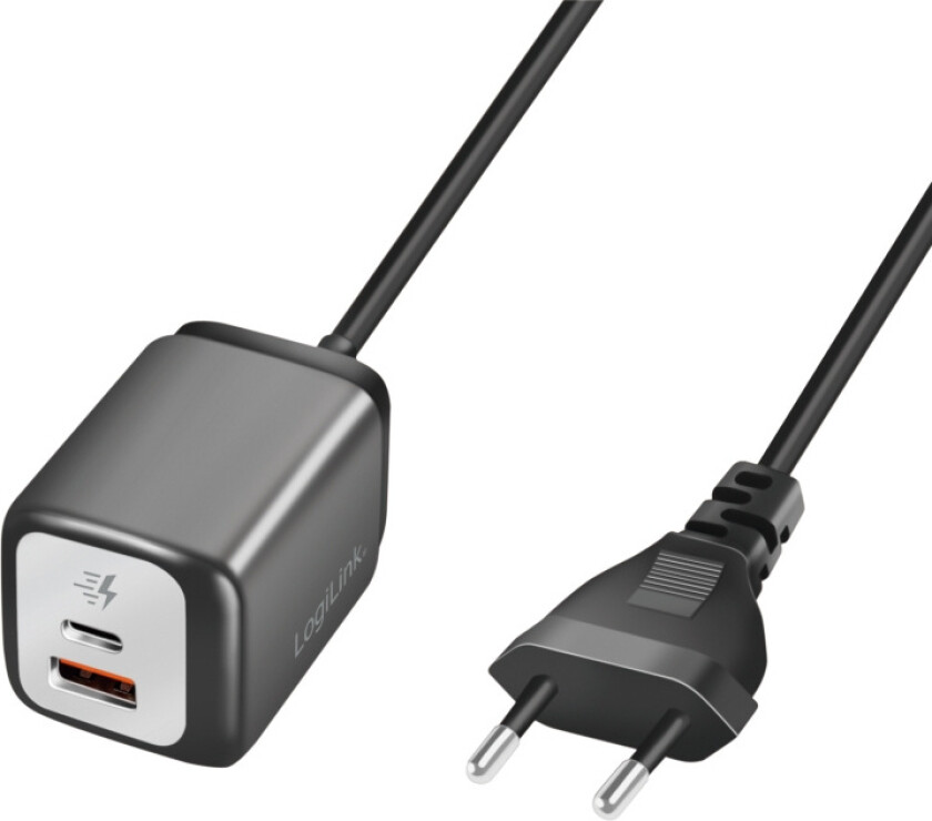 USB-laddare 1xUSB-A + 1xUSB-C med fast kabel 1,5m GaN 30W