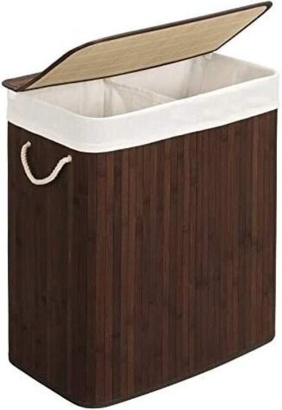 Delt skittentøyskurv med lokk, bambusvaskerom med 2 seksjoner, avtakbare foringer, bomullshåndtak, 100L lagringskapasitet, for v