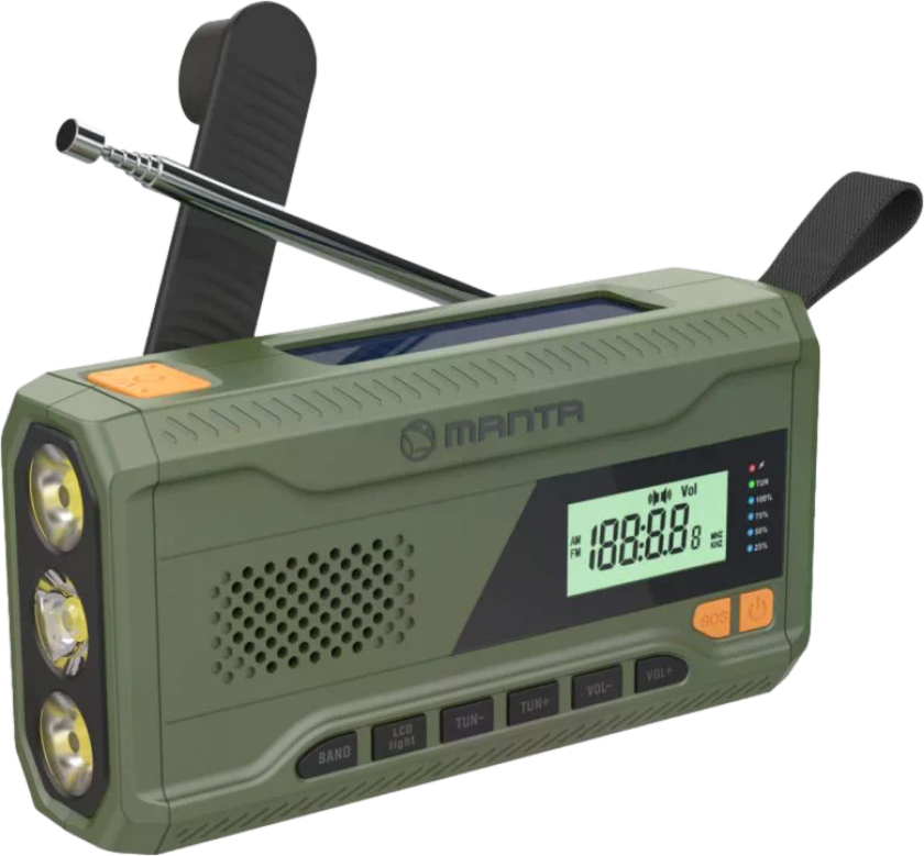 - Bærbar nødsveiv FM-radio, solenergibank, lommelykt