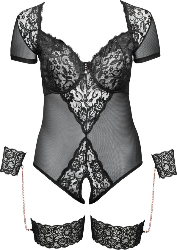 Bondage Bunnløs Blonde Body med Håndmansjetter Plus Size - Svart - Plus size