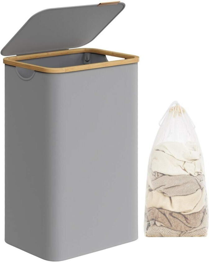 Skittentøyskurv med lokk, stor vaskekurv, 90L, avtagbar nettingfôr, Oxford-stoff, bambushåndtak, sammenleggbar, 42 x 32 x 70,5 c