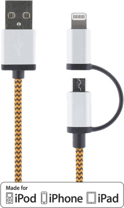 USB-kabel, USB Micro B ha och lightning ha, MFi, 1m, orange