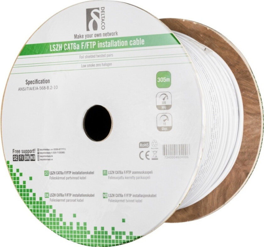 F/FTP folieskärmad inst.kabel, Cat6a, LSZH, 305m rulle, vit
