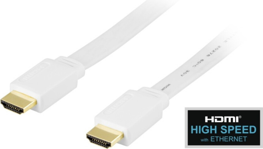 Bilde av HDMI-kabel, v1.4+Ethernet, 19-pin ha-ha, 1080p, flat, vit 0,5m