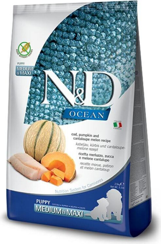 N&D Ocean Cod, Pumpkin & Orange Puppy Medium/Maxi Tørrfôr til valp 2,5 kg