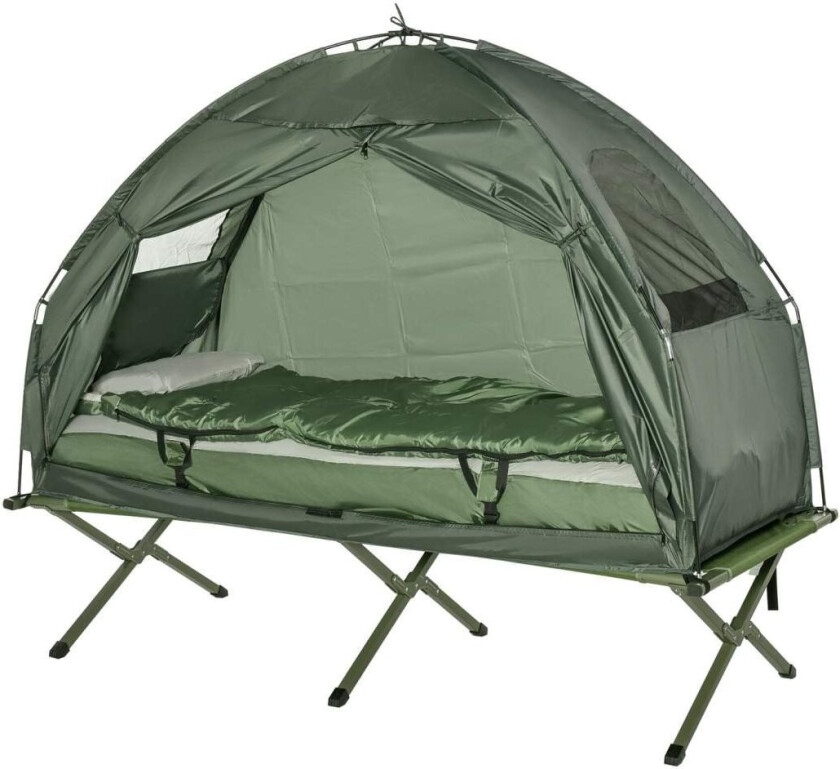 Feltseng 4 I 1 Campingsett Med Telt Sovepose Madrass Sammenleggbar, Mørkegrønn