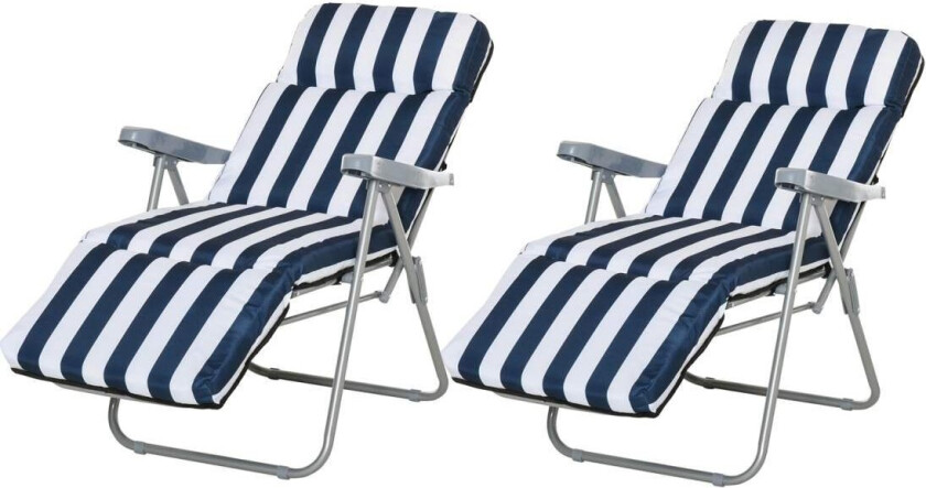 2 X Sammenleggbare Stoler Hagestol Solseng Armlen Sammenleggbar 5 Posisjoner Pute Blå 60 X 75 X 102 Cm