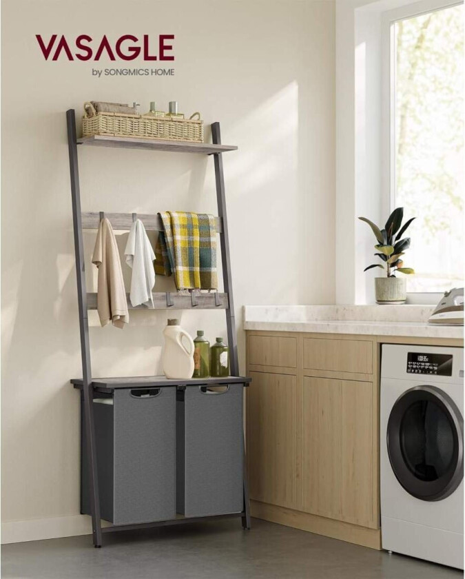 Rull over bildet for å zoome inn skittentøyskurv, 2-seksjons vaskekurv med teppestige, uttrekkbare og avtakbare foringer, 2 hyll