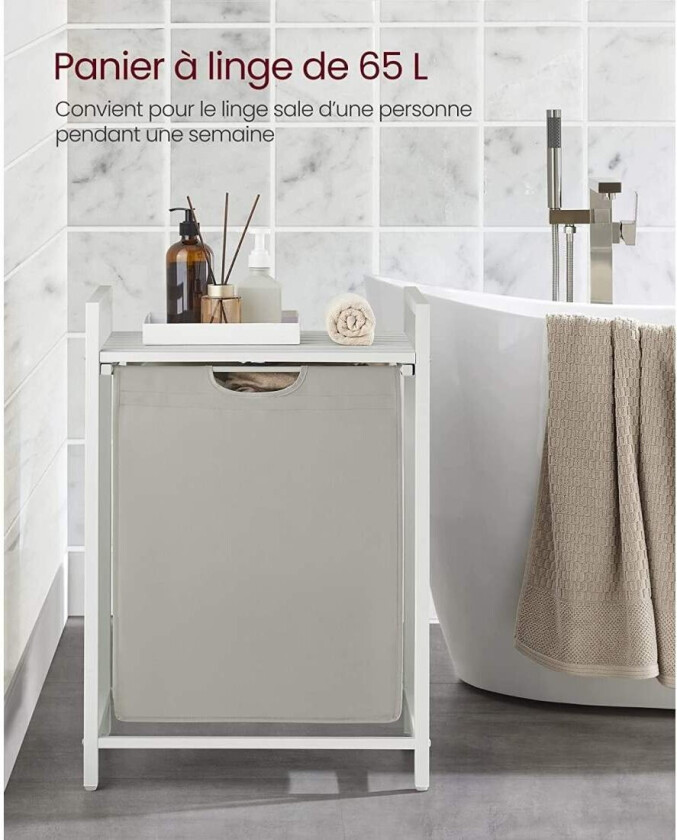 Skittentøyskurv, vaskekurv, uttrekkbar og avtagbar vaskepose, hylle, metallramme, 65L, 50 x 33 x 72 cm, Hvit BLH101W01