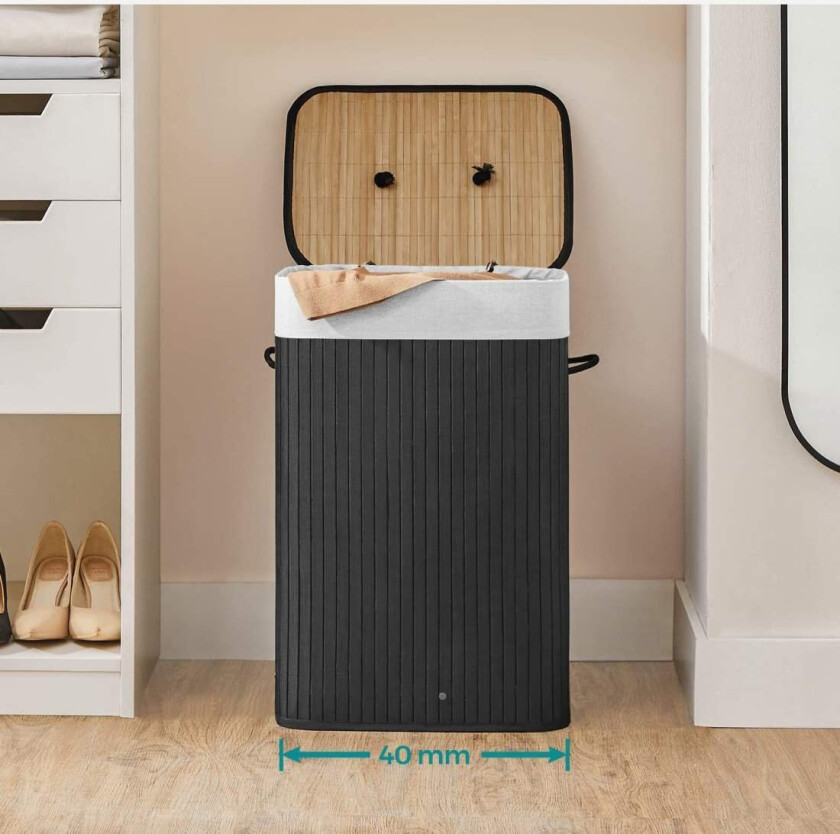 Bambus skittentøyskurv, 72L sammenleggbar vaskekurv, rektangulær oppbevaringskurv med 3 håndtak, 40 x 30 x 60 cm, svart LCB10B