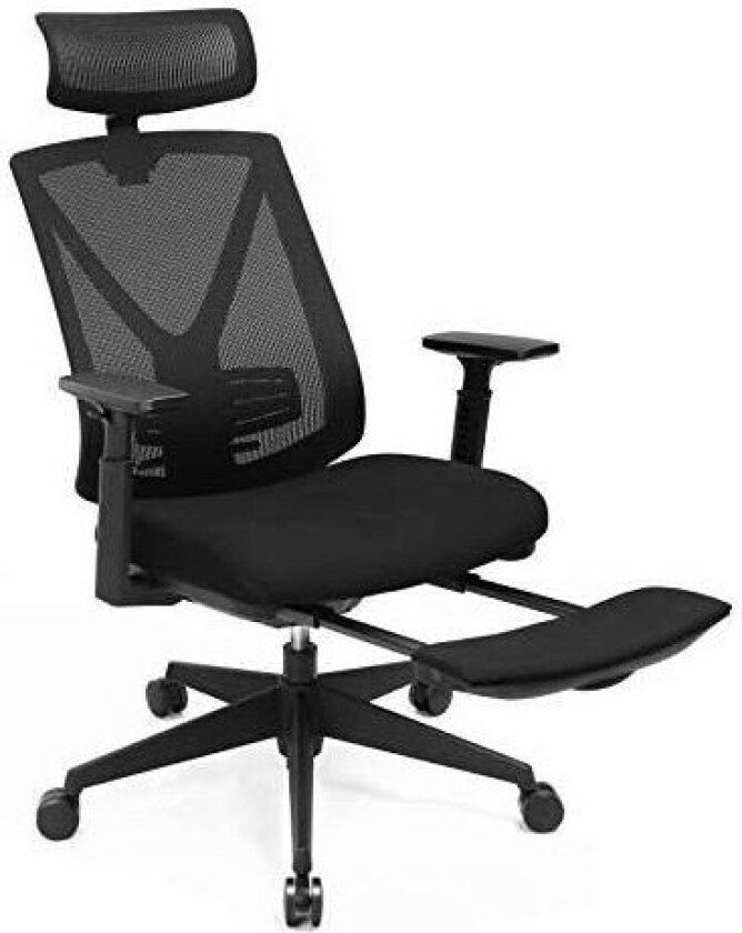 OBN61BKV1 Ergonomisk kontorstol med fotstøtte, Skrivebordsstol med korsryggstøtte, justerbar hodestøtte og armlener, høydejuster