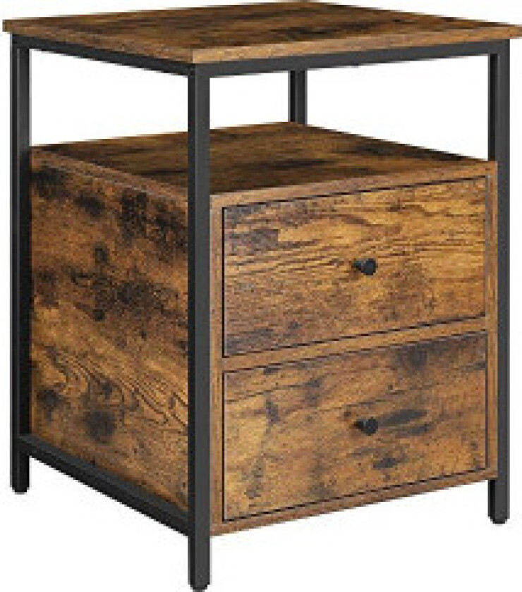 Nattbord, nattbord, sidebord, 45 x 45 x 60 cm, åpen hylle, 2 skuffer, for stue, soverom, industri, rustikk brun og svart LET067B