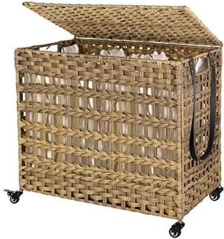 Håndvevd skittentøyskurv med lokk, vaskekurv i rottingstil med 3 separate rom, håndtak, avtakbare foringsposer, for stue, bad, v