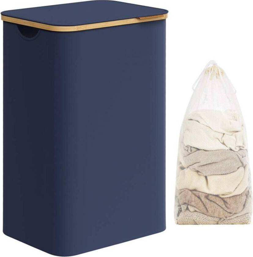 Skittentøyskurv med lokk, stor vaskekurv, 90L, avtagbar nettingfôr, Oxford-stoff, bambushåndtak, sammenleggbar, 42 x 32 x 70,5 c