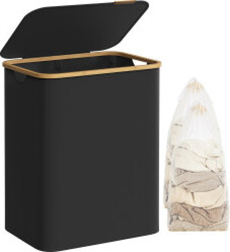 Skittentøyskurv med lokk, 2-seksjons stor vaskekurv, 130L, avtagbar nettingfôr, Oxford-stoff, bambushåndtak, sammenleggbar, 52 x