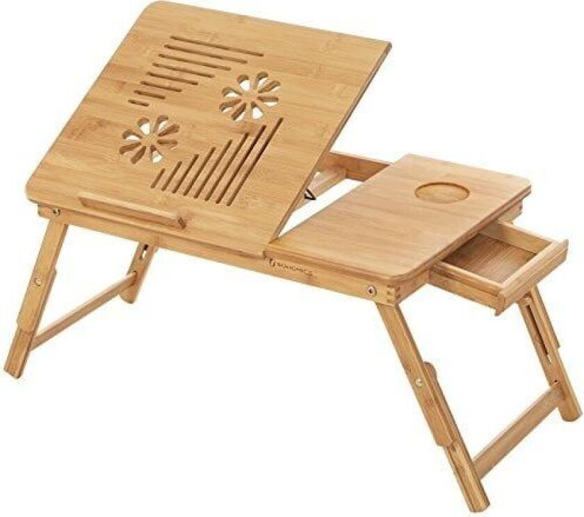 Bambus bærbar skrivebord, sammenleggbart sengebord, høydejusterbart sofabrett, med 5 vippevinkler, luftehull, liten skuff, 55 x