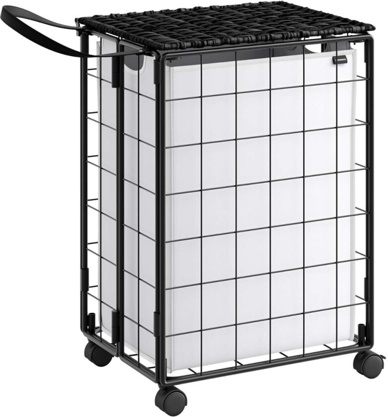 Sammenleggbar skittentøyskurv med hjul 90L skittentøyskurv med lokk Avtagbar skittentøypose 46 x 33 x 65 cm Blekk Svart/Skyhvit