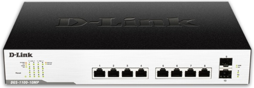 nettverksswitch, 8xRJ45, 2xSFP, PoE plus, Gigabit, black/sølv