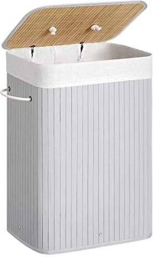 LCB010G01 rektangulær skittentøyskurv, bambus skittentøyskurv med 3 håndtak, 40 x 30 x 60 cm, grå