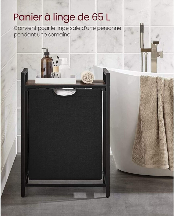 Skittentøyskurv, vaskekurv, uttrekkbar og avtagbar vaskepose, hylle, metallramme, 65L, 50 x 33 x 72 cm, rustikk brun og svart BL