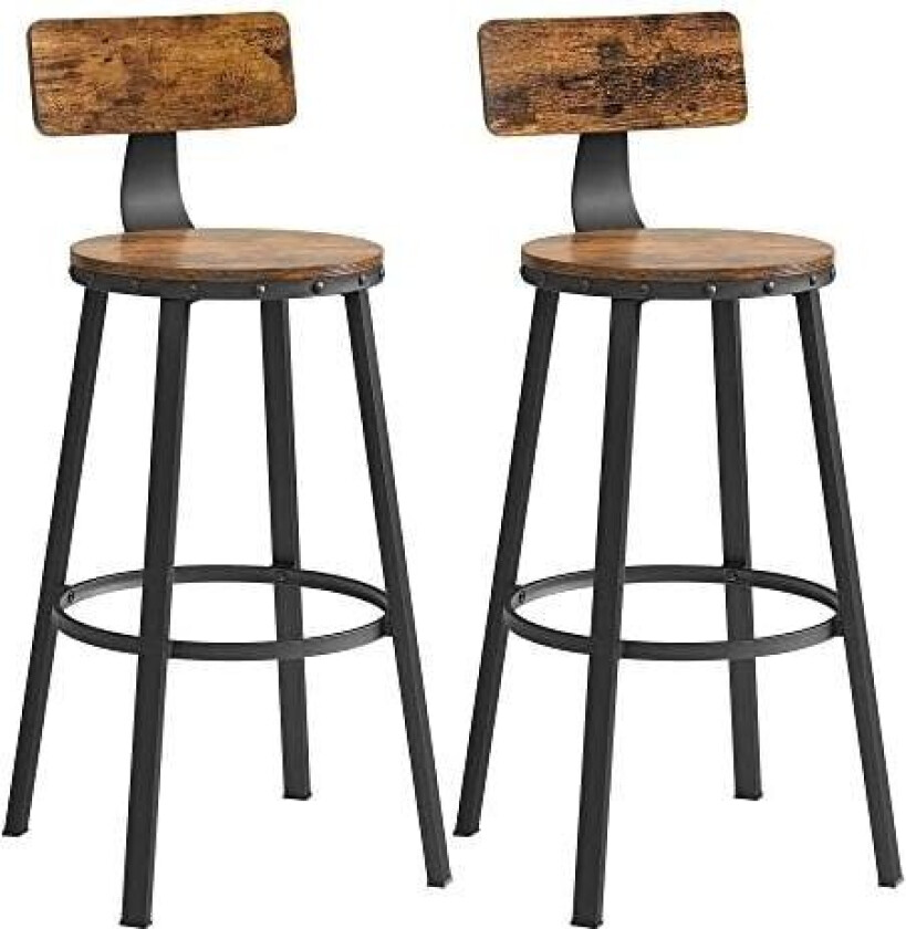 Barkrakker, kjøkkenkrakker, sett med 2 høye barstoler med ryggstøtte, stålramme, 73 cm høyt sete, enkel montering, industriell,