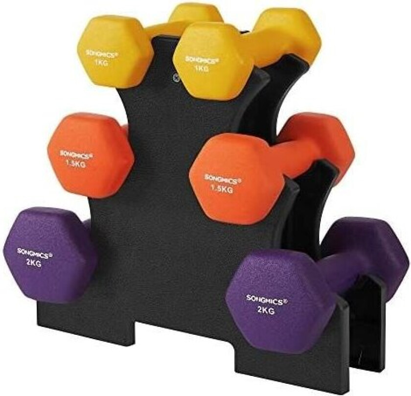 Hex manualer sett med stativ, 2 x 1 kg, 2 x 1,5 kg, 2 x 2 kg, håndvekter med neopren matt finish, for hjemmetrening, gul, oransj