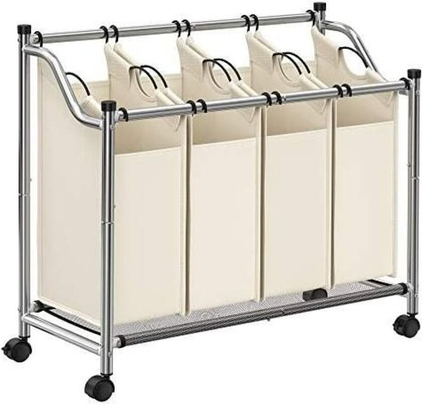 Rullende vaskesortering, skittentøyskurv med 4 avtakbare poser, vaskekurv, vaskevogn, for vaskerom, soverom, bad, 4 x 35L, beige