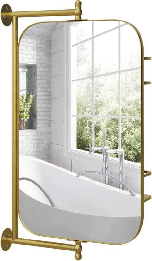 Baderomsspeil Svingbart Veggspeil, 40 X 66 Cm Sminkespeil Med 2-Lags Hylle, Metallramme, Gull