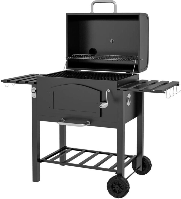 Charcoal Grill Bbq Hagegrill Med Lokk, Hyller, Røyker, Varmeplate, Hyller, Transporthjul, Metall