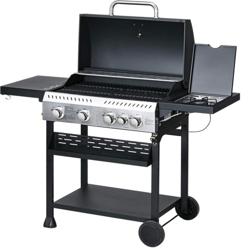 Gassgrill 2,5 Kw Grillvogn Med 4+1 Brennere, Termometer, Bbq Grill Med Hjul, Sidehylle, Krok, Hylle, Campinggrill Svart