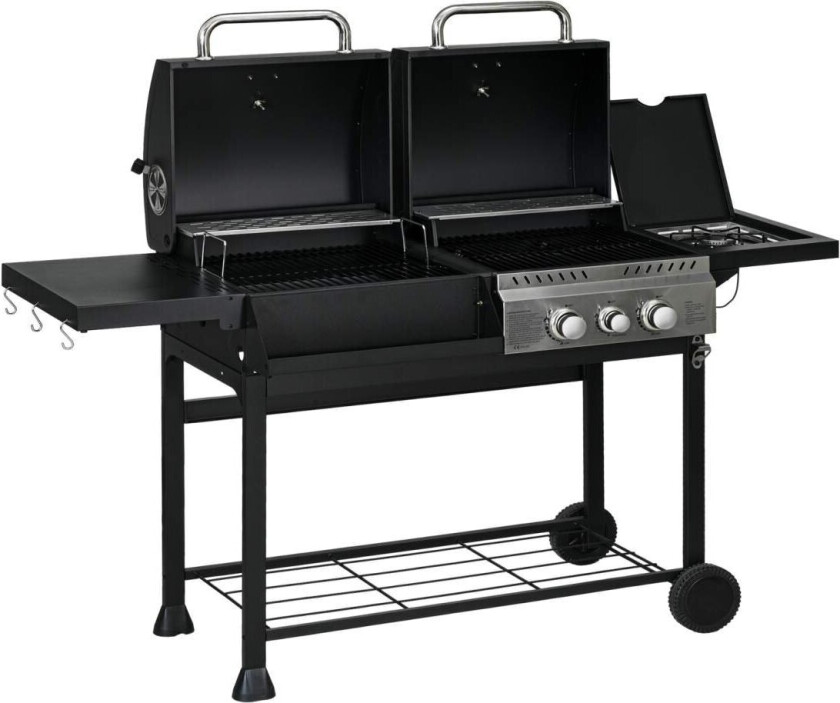 Gassgrillvogn Med 2+1 Brenner, Termometer, 3Kw, Bbq Kullgrill, Hylle, Sidehylle, Krok, Camping, Svart