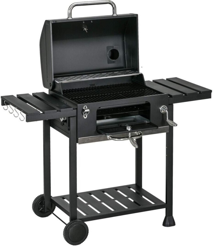 Kullgrill Campinggrill Med To Grillstativ, Sammenleggbar Sidehylle, Grillvogn Med Hylle, Håndtak, Rustfritt Stål, Svart
