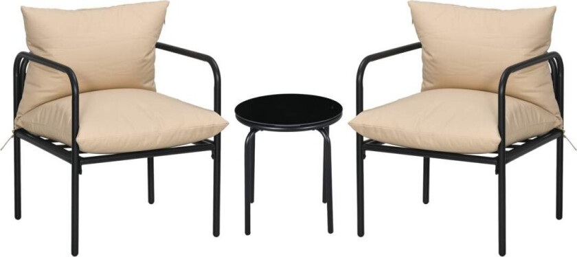3 Stk. Hagemøbelsett, Bistrosett Med 2 Stoler, 1 Salongbord, Balkongmøbelsett Med Sitteputer, Hage Sittegruppe, Stål, Beige