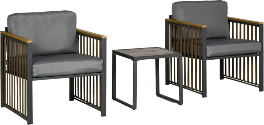 3-Delt Hagemøbelsett, Bistrosett Med Salongbord, 2 Stoler, Hage Sittegruppe Med Puter, Hagesett, Balkongmøbler Til Terrasse, Grå