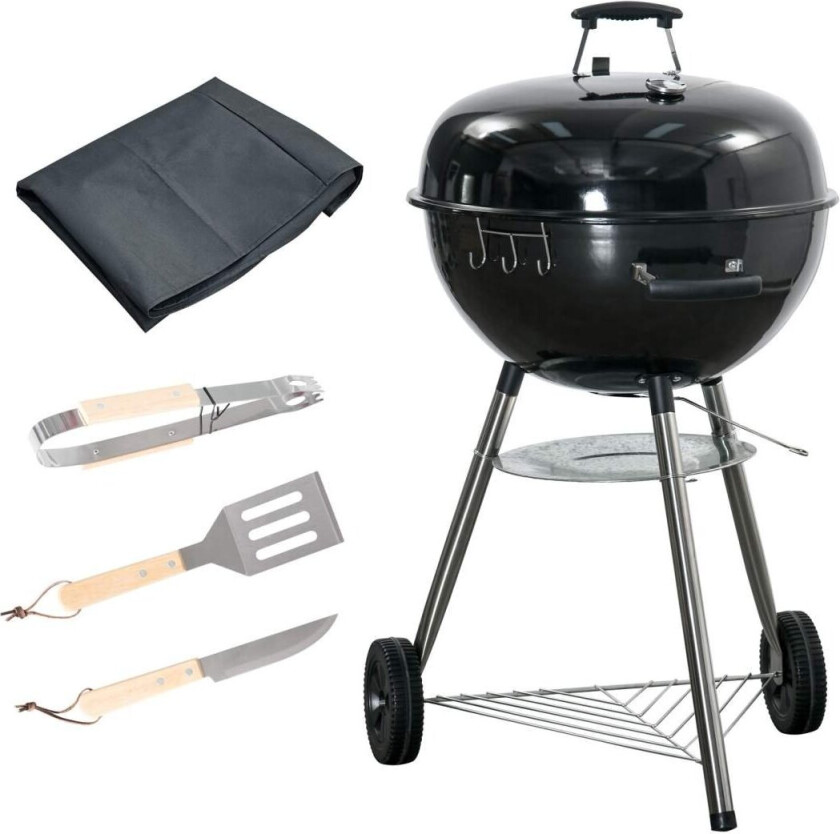 Kullgrill Rund Grill Med Grillrist, Lokk, Termometer, Hylle, Askefanger, Metall, 65X65X108Cm, Bbq Stående Grill