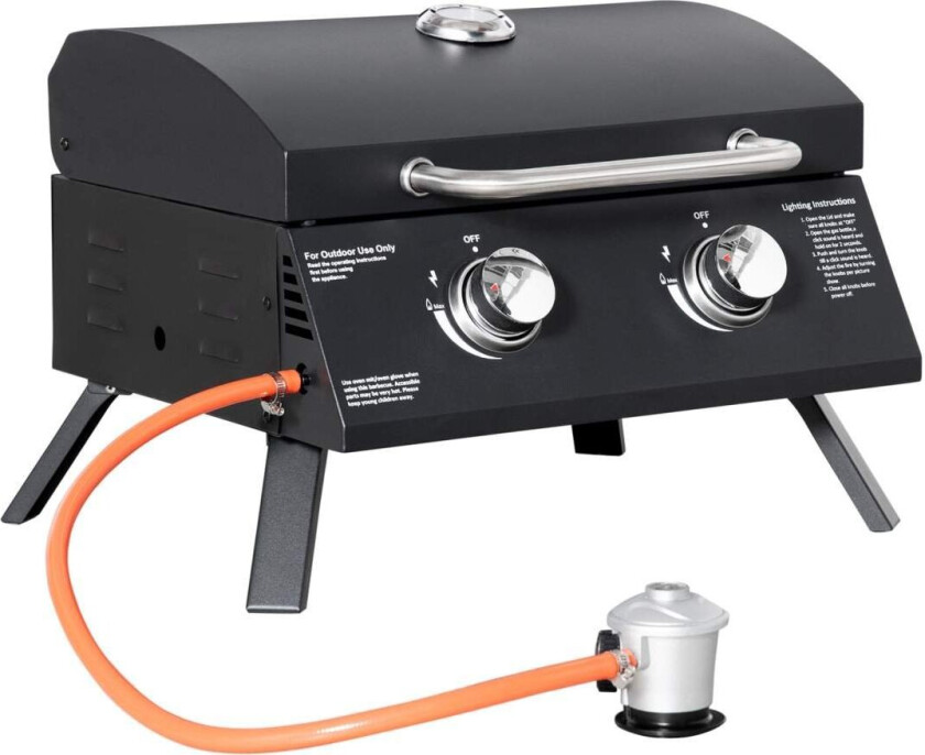 Bordgrill Mobil Gassgrill Med 2 Brennere, Grillnett, Utendørs, Rustfritt Stål, Svart, 55X46,5X41 Cm, Liten, Piknik