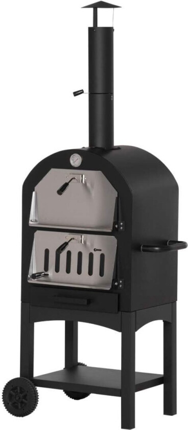Pizzaovn Utendørs 2-I-1 Med Hjul, Grillovn, Beskyttelsesdeksel, Pizzaspade, 2 Grillnett, 3-Lags Vedovn, 63X54X161Cm