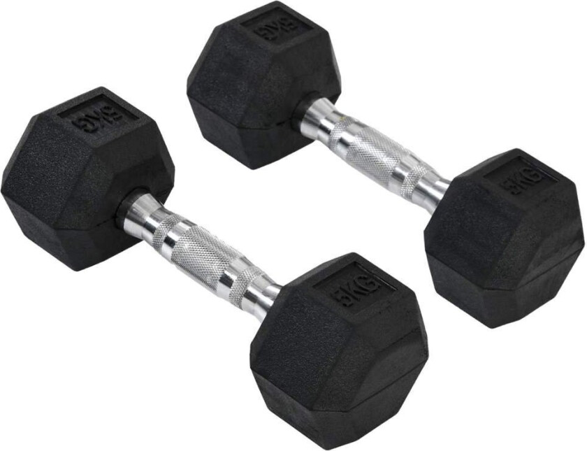 Hexagon Manualer Sett På 2, 2X5 Kg, Støpejern Med Gummideksel, Svart