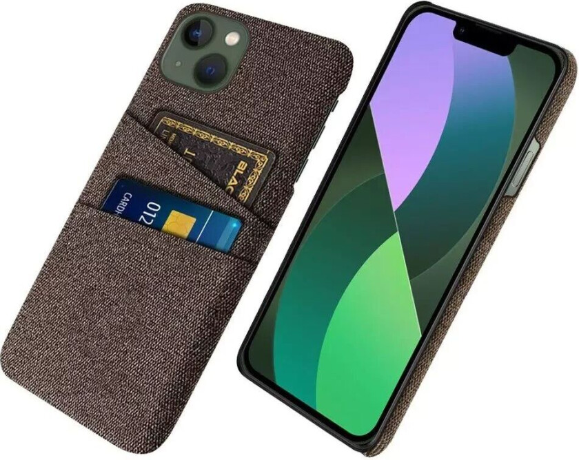 iPhone 14 Stoffdekket Plast Bak Deksel med Kortholder - Brun