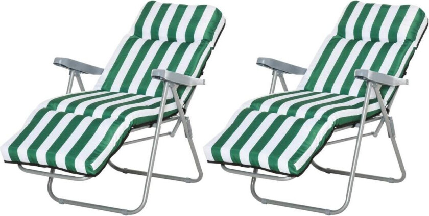 2 X Sammenleggbare Stoler Hagestol Solseng Armlen Sammenleggbar 5 Posisjoner Pute Grønn + Hvit 60 X 75 X 102 Cm
