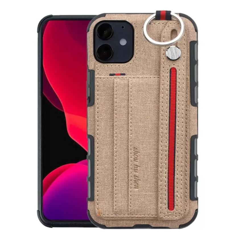 iPhone 12 Mini Stoff Deksel med Kortholder & Håndholder - Brun