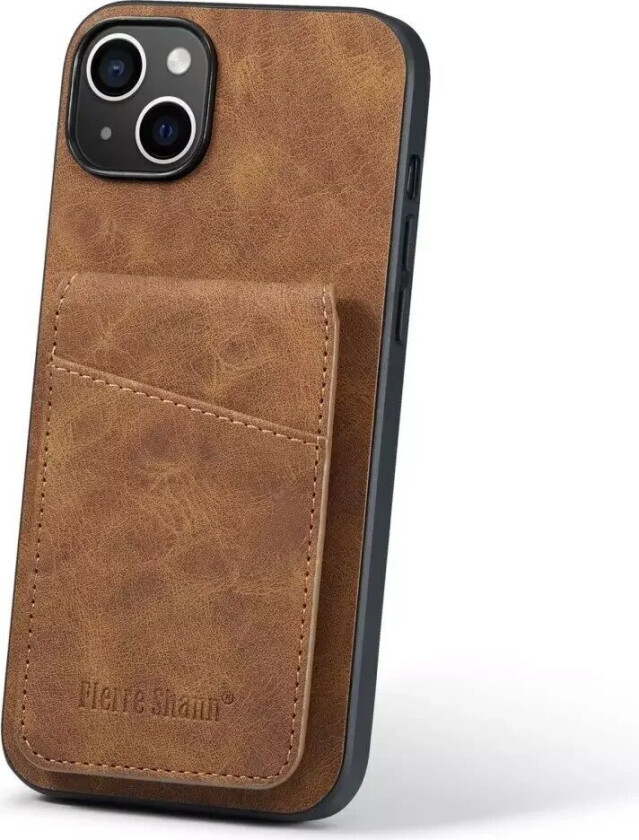 iPhone 14 Skinndekket Plast Deksel med Kortholdere og Stativfunksjon - Brun