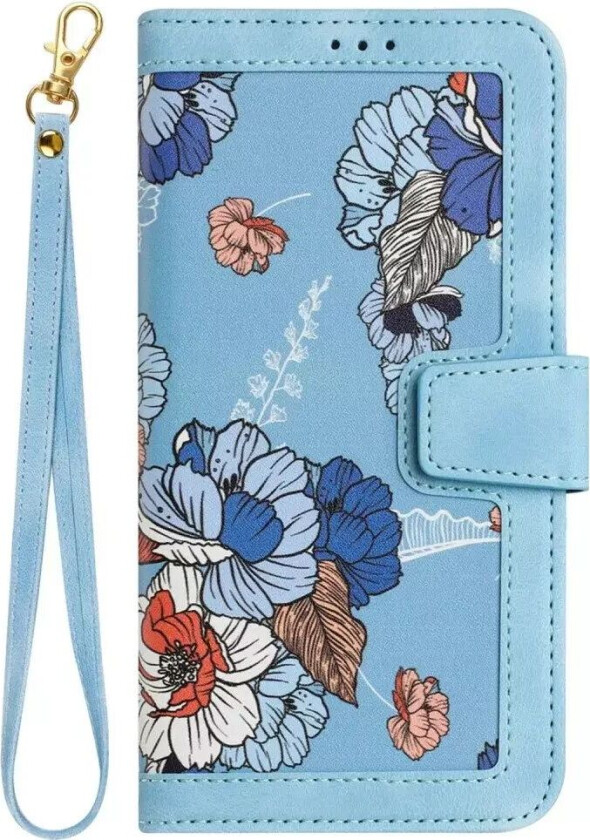 iPhone 15 Pro Leather Flip Cover med Lommebok og Stropp - Lyseblå med Blomster