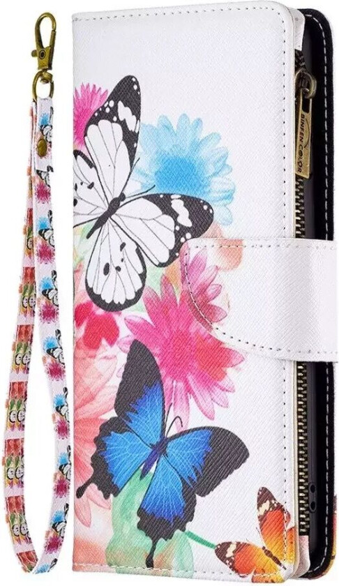 Samsung Galaxy A73 (5G) PU Skinn Flip Deksel Med Lommebok - Hvit & Blå Sommerfugl