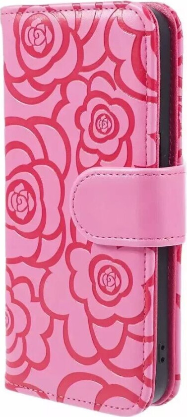 iPhone 15 Pro Max Kunstskinn Deksel m. Lommebok og Stropp - Kamelia Blomst - Rosa