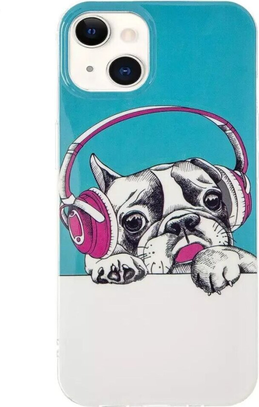 iPhone 15 Selvlysende Fleksibelt Deksel av Plast med Trykk - Hund med Hodetelefoner