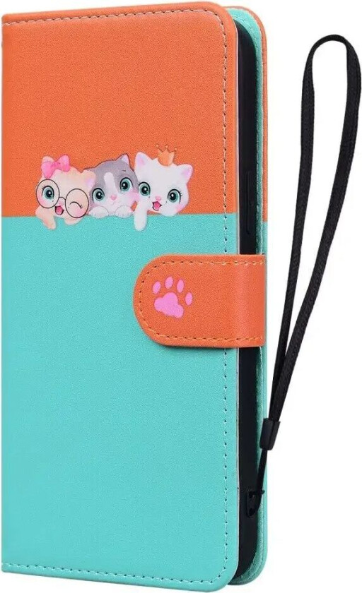 Samsung Galaxy A54 (5G) Flip Deksel med Stropp / Ståfunksjon / Kortholder - Oransje / Blå (Katter)